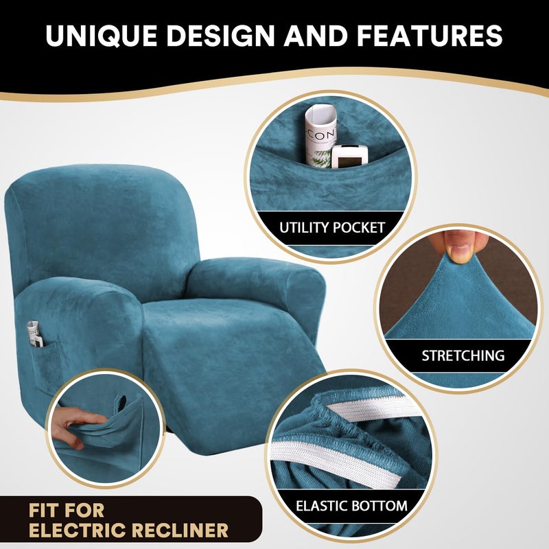 PrinceDeco Recliner Chair Cover Velvet Stretch Recliner Couch Covers 4-Pieces Style Recliner Chair Covers Recliner Cover for Reclining Chair Slipcovers Feature Non Slip Form Fitted, Stone Blue - Image 4